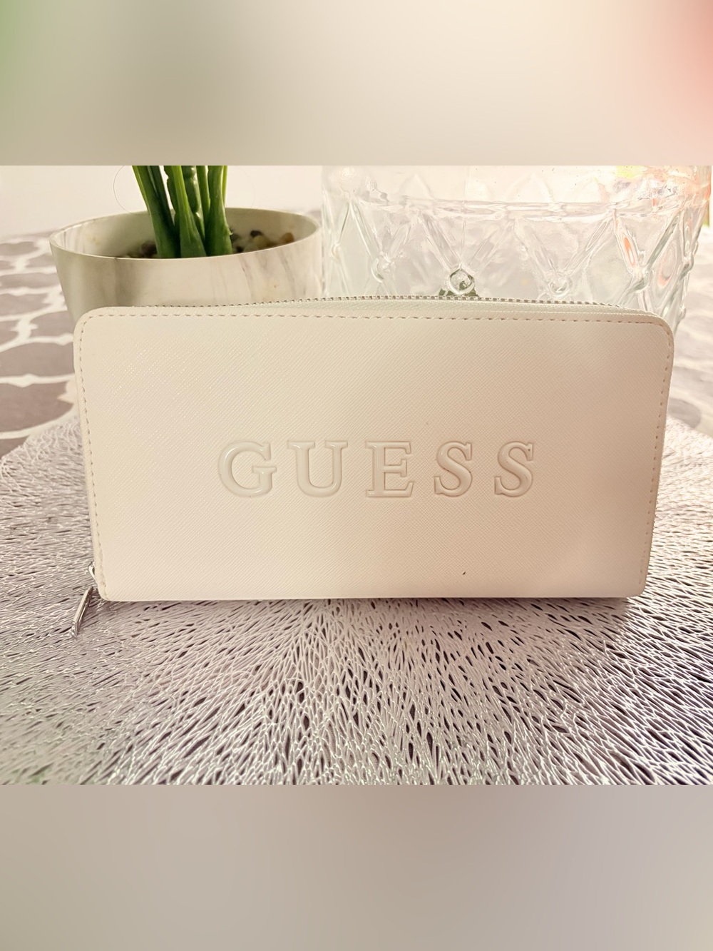 GUESS White Embossed Logo Cosmetic Pouch
